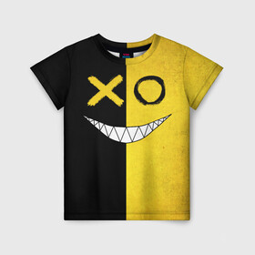 Детская футболка 3D с принтом Yellow and black smile в Белгороде, 100% гипоаллергенный полиэфир | прямой крой, круглый вырез горловины, длина до линии бедер, чуть спущенное плечо, ткань немного тянется | emoji | smile | глаза крестики | злой смайл | злой смайлик | зубы | контраст | крестики | подарок | пятна | смайл | смайлик | улыбка | эмоджи | эмоция