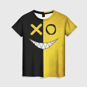 Женская футболка 3D с принтом Yellow and black smile в Белгороде, 100% полиэфир ( синтетическое хлопкоподобное полотно) | прямой крой, круглый вырез горловины, длина до линии бедер | emoji | smile | глаза крестики | злой смайл | злой смайлик | зубы | контраст | крестики | подарок | пятна | смайл | смайлик | улыбка | эмоджи | эмоция