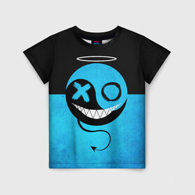 Детская футболка 3D с принтом Smail Blue в Белгороде, 100% гипоаллергенный полиэфир | прямой крой, круглый вырез горловины, длина до линии бедер, чуть спущенное плечо, ткань немного тянется | emoji | smile | глаза крестики | злой смайл | злой смайлик | зубы | контраст | крестики | подарок | пятна | смайл | смайлик | улыбка | эмоджи | эмоция