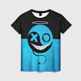 Женская футболка 3D с принтом Smail Blue в Белгороде, 100% полиэфир ( синтетическое хлопкоподобное полотно) | прямой крой, круглый вырез горловины, длина до линии бедер | emoji | smile | глаза крестики | злой смайл | злой смайлик | зубы | контраст | крестики | подарок | пятна | смайл | смайлик | улыбка | эмоджи | эмоция