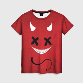 Женская футболка 3D с принтом Red Evil Smile в Белгороде, 100% полиэфир ( синтетическое хлопкоподобное полотно) | прямой крой, круглый вырез горловины, длина до линии бедер | emoji | smile | глаза крестики | злой смайл | злой смайлик | зубы | контраст | крестики | подарок | пятна | смайл | смайлик | улыбка | эмоджи | эмоция