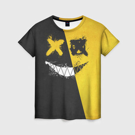 Женская футболка 3D с принтом Yellow and Black Emoji в Белгороде, 100% полиэфир ( синтетическое хлопкоподобное полотно) | прямой крой, круглый вырез горловины, длина до линии бедер | emoji | smile | глаза крестики | злой смайл | злой смайлик | зубы | контраст | крестики | подарок | пятна | смайл | смайлик | улыбка | эмоджи | эмоция