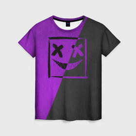 Женская футболка 3D с принтом Purple Smile в Белгороде, 100% полиэфир ( синтетическое хлопкоподобное полотно) | прямой крой, круглый вырез горловины, длина до линии бедер | emoji | smile | глаза крестики | злой смайл | злой смайлик | зубы | контраст | крестики | подарок | пятна | смайл | смайлик | улыбка | эмоджи | эмоция