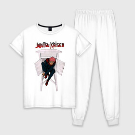 Женская пижама хлопок с принтом Итадори Юдзи Магическая битва в Белгороде, 100% хлопок | брюки и футболка прямого кроя, без карманов, на брюках мягкая резинка на поясе и по низу штанин | anime | jujutsu kaisen | manga | sorsery fight | yuji itadori | аниме | джутсу кайсен | дзюдзюцу кайсэн | засранец | итадори юдзи | маг | магическая битва | манга | проклятия | сосуд для сукуна