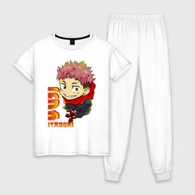 Женская пижама хлопок с принтом Yuji Itadori Jujutsu Kaisen в Белгороде, 100% хлопок | брюки и футболка прямого кроя, без карманов, на брюках мягкая резинка на поясе и по низу штанин | anime | jujutsu kaisen | manga | sorsery fight | yuji itadori | аниме | джутсу кайсен | дзюдзюцу кайсэн | засранец | итадори юдзи | маг | магическая битва | манга | проклятия | сосуд для сукуна