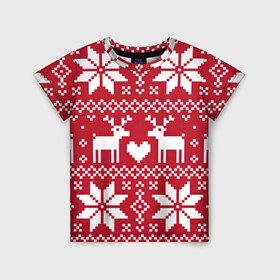Детская футболка 3D с принтом Рождественские олени в Белгороде, 100% гипоаллергенный полиэфир | прямой крой, круглый вырез горловины, длина до линии бедер, чуть спущенное плечо, ткань немного тянется | арт | большие цветы | большой цветок | вязаный рисунок | вязь | новый год | олени | олень | рисунок | рождество | сердечко | сердце | снег | снежинка | снежинки | цветок | цветы