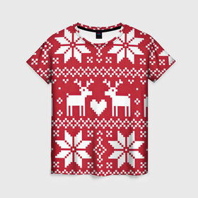 Женская футболка 3D с принтом Рождественские олени в Белгороде, 100% полиэфир ( синтетическое хлопкоподобное полотно) | прямой крой, круглый вырез горловины, длина до линии бедер | арт | большие цветы | большой цветок | вязаный рисунок | вязь | новый год | олени | олень | рисунок | рождество | сердечко | сердце | снег | снежинка | снежинки | цветок | цветы