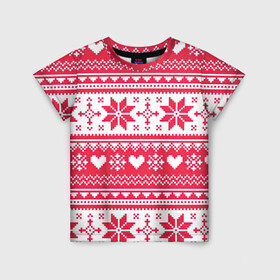 Детская футболка 3D с принтом Новогодний уют в Белгороде, 100% гипоаллергенный полиэфир | прямой крой, круглый вырез горловины, длина до линии бедер, чуть спущенное плечо, ткань немного тянется | арт | вязаный рисунок | вязь | новый год | рисунок | рождество | сердечки | сердечко | сердца | сердце | снег | снежинка | снежинки
