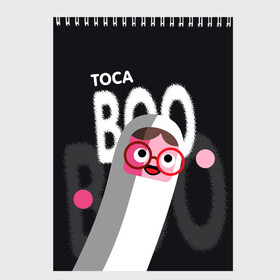 Скетчбук с принтом Toca Boo в Белгороде, 100% бумага
 | 48 листов, плотность листов — 100 г/м2, плотность картонной обложки — 250 г/м2. Листы скреплены сверху удобной пружинной спиралью | Тематика изображения на принте: digital toys | gamer | games | helicopter taxi | pets | toca boca | toca hair salon | toca kitchen | toca life | toca life city | toca life worl | toca tea party | video games | игры