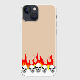 Чехол для iPhone 13 mini с принтом Черепа в Огне (Бежевый) в Белгороде,  |  | fire | head | skulls | голова | зверь | зубы | кости | огонь | паттерн | пламя | скелет | текстура | узор | черепа