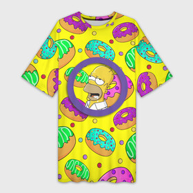 Платье-футболка 3D с принтом Гомер ням Пончик в Белгороде,  |  | cartoon | donut | homer | rainbow | the simpsons | yellow | в тренде | гомер | желтая | мультфильм | пончик | популярные | принт | радужный | симпсоны | топ