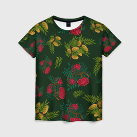 Женская футболка 3D с принтом ветки рябины и облепихи в Белгороде, 100% полиэфир ( синтетическое хлопкоподобное полотно) | прямой крой, круглый вырез горловины, длина до линии бедер | ветки | деревья | зеленый | зима | лес | листья | новый год | облепиха | осень | праздничный | природа | рождество | рябина | темно зеленый | ягоды