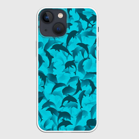 Чехол для iPhone 13 mini с принтом Синий камуфляж с дельфинами в Белгороде,  |  | дельфин | дельфины | море | морской | океан | паттерн | рыба
