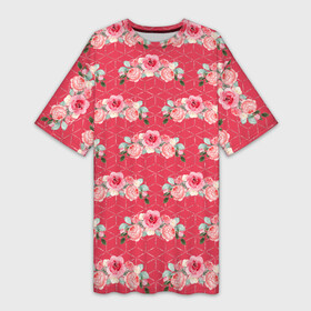 Платье-футболка 3D с принтом Красные розы паттерн в Белгороде,  |  | rose | паттерн | розочки | розы | цветки | цветочки | цветы