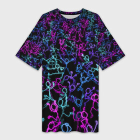 Платье-футболка 3D с принтом Neon Rave Party в Белгороде,  |  | disco | rave | дискотека | неоновый | рейв | танцы | человечки