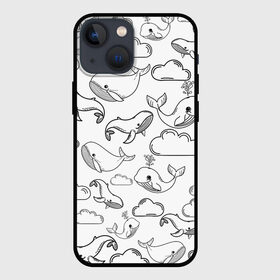 Чехол для iPhone 13 mini с принтом Небесные киты (ЧБ) в Белгороде,  |  | whale | детское | киты | летающие киты | небо | облака
