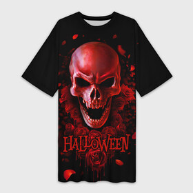 Платье-футболка 3D с принтом Красный череп в кровавых розах в Белгороде,  |  | bloody | drops | fangs | happy halloween | look from hell | red | roses | skull | vampire | вампир | взгляд из ада | капли | клыки | красный | кровавые | праздник | розы | хэллоуин | череп