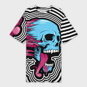 Платье-футболка 3D с принтом Летящий череп в Белгороде,  |  | blood | blue | day of the dead | fangs | happy halloween | holiday | skull | день мертвых | клыки | кровь | праздник | синий | хэллоуин | череп