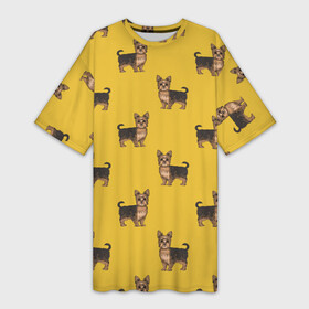 Платье-футболка 3D с принтом Йоркширский терьер паттерн в Белгороде,  |  | домашние животные | домашний питомец | йорк | йоркшик | йоркширский терьер | охра | паттерн | собаки | собачка