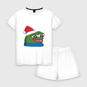 Женская пижама с шортиками хлопок с принтом Pepe, pepe happy, Пепе хеппи, pepe happy new year в Белгороде, 100% хлопок | футболка прямого кроя, шорты свободные с широкой мягкой резинкой | frog pepe | happy | happy new year | mem | meme | peepo | pepe | pepe happy | pepe happy new year | лягушка пепе | лягушонок | лягушонок пепе | пепе хеппи | хеппи