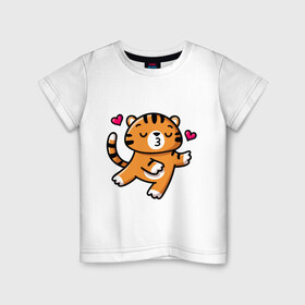 Детская футболка хлопок с принтом влюбленный тигр в Белгороде, 100% хлопок | круглый вырез горловины, полуприлегающий силуэт, длина до линии бедер | 2022 | год тигра | новый год | новый год 2022 | символ года | тигр | тигренок | тигрица | тигры