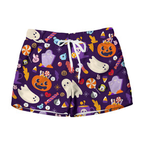 Женские шорты 3D с принтом HALLOWEEN BTS BT21 PATTERN | БТ21 БТС ХЕЛЛОУИН в Белгороде, 100% полиэстер | прямой крой, два кармана без застежек по бокам. Мягкая трикотажная резинка на поясе, внутри которой широкие завязки. Длина до середины бедра | army | bangtan boys | bt21 | bts | bts stickers | chimmy | cooky | koya | mang | monster | rap monster | rapmon | rj | rm | shooky | tata | van | бтс | ви | джейхоуп | джонгук | реп монстр | стикеры bts | сюга | чимин | чин