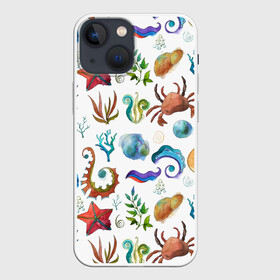 Чехол для iPhone 13 mini с принтом Морской паттерн с крабами и водорослями в Белгороде,  |  | Тематика изображения на принте: водоросли | краб | море | морской | подводный | рыба
