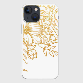 Чехол для iPhone 13 mini с принтом Золотые цветы на белом в Белгороде,  |  | лето | листья | природа | цветы