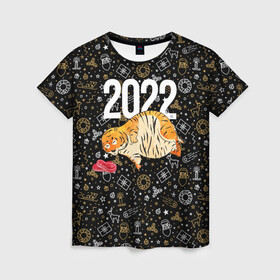 Женская футболка 3D с принтом Ленивый толстый тигр в Белгороде, 100% полиэфир ( синтетическое хлопкоподобное полотно) | прямой крой, круглый вырез горловины, длина до линии бедер | 2022 | год тигра | новый год | новый год 2022 | символ года | тигр | тигренок | тигрица | тигры