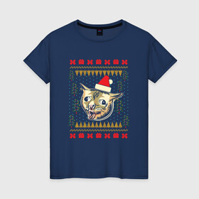 Женская футболка хлопок с принтом Рождественский свитер кашляющий кот в Белгороде, 100% хлопок | прямой крой, круглый вырез горловины, длина до линии бедер, слегка спущенное плечо | christmas | coughing cat | ugly sweater | вечеринка | кашляющий кот | кот мем | котик | новогодние праздники | новый год | рождественский свитер | рождество | уродливый свитер