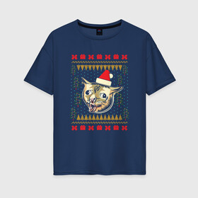 Женская футболка хлопок Oversize с принтом Рождественский свитер кашляющий кот в Белгороде, 100% хлопок | свободный крой, круглый ворот, спущенный рукав, длина до линии бедер
 | christmas | coughing cat | ugly sweater | вечеринка | кашляющий кот | кот мем | котик | новогодние праздники | новый год | рождественский свитер | рождество | уродливый свитер