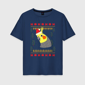 Женская футболка хлопок Oversize с принтом Рождественский свитер Корелла в Белгороде, 100% хлопок | свободный крой, круглый ворот, спущенный рукав, длина до линии бедер
 | Тематика изображения на принте: christmas | cockatiel | parrot | ugly sweater | корелла | новогодние праздники | новый год | попугай | птица | рождественский свитер | рождество | уродливый свитер