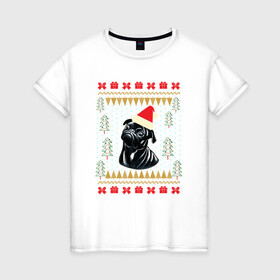 Женская футболка хлопок с принтом Рождественский свитер Черный мопс в Белгороде, 100% хлопок | прямой крой, круглый вырез горловины, длина до линии бедер, слегка спущенное плечо | christmas | ugly sweater | вечеринка | мопс | новогодние праздники | новый год | рождественский свитер | рождество | собака | собачка | уродливый свитер | черный мопс