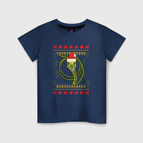Детская футболка хлопок с принтом Рождественский свитер Скептическая змея в Белгороде, 100% хлопок | круглый вырез горловины, полуприлегающий силуэт, длина до линии бедер | christmas | ugly sweater | вечеринка | змеи | мемы | новогодние праздники | новый год | прикольная змея | рождественский свитер | рождество | уродливый свитер
