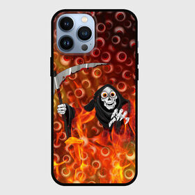 Чехол для iPhone 13 Pro Max с принтом Смерть всё видит в Белгороде,  |  | Тематика изображения на принте: halloween | глаза | коса | огонь | пламя | хэллоуин