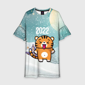 Детское платье 3D с принтом Новогодний тигренок 2022 в Белгороде, 100% полиэстер | прямой силуэт, чуть расширенный к низу. Круглая горловина, на рукавах — воланы | Тематика изображения на принте: 2022 | год тигра | новый год | новый год 2022 | символ года | тигр | тигренок | тигрица | тигры
