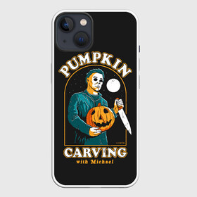 Чехол для iPhone 13 с принтом Резьба по тыкве с Майклом в Белгороде,  |  | carving | ghost | halloween | jack | killer | lamp | michael | monster | moon | myers | night | pumpkin | retro | джека | луна | майерс | майкл | монстр | ночь | по | призраки | резьба | ретро | светильник | тыква | тыкве