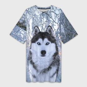 Платье-футболка 3D с принтом Хаски В Зимнем Лесу в Белгороде,  |  | dog | forest | husky | winter | зима | лес | новый год | снег | собака | хаски