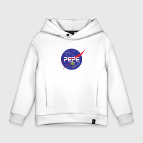 Детское худи Oversize хлопок с принтом Pepe   Pepe space   Nasa в Белгороде, френч-терри — 70% хлопок, 30% полиэстер. Мягкий теплый начес внутри —100% хлопок | боковые карманы, эластичные манжеты и нижняя кромка, капюшон на магнитной кнопке | Тематика изображения на принте: frog pepe | mem | meme | nasa | peepo | pepe | pepe space | spacex | лягушка пепе | лягушонок | лягушонок пепе | пепе спейс