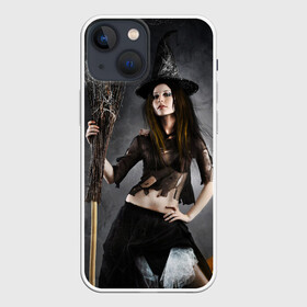 Чехол для iPhone 13 mini с принтом Милая ведьма с метлой в Белгороде,  |  | beautiful girl | black witch | broom and pumpkin | brunette | charming witch | cute | cute look | halloween | happy halloween | holiday | mous | брюнетка | красивая девушка | метла и тыква | милая | милый взгляд | мышь | очаровательная колд