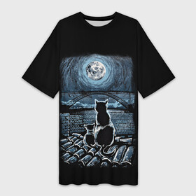 Платье-футболка 3D с принтом КОТЫ НА КРЫШЕ в Белгороде,  |  | cat | moon | night | животные | звезды | звери | кот | котенок | коты | кошка | красиво | крыша | луна | мама | небо | ночь | тьма
