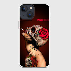 Чехол для iPhone 13 mini с принтом Ведьма с красной розой в Белгороде,  |  | Тематика изображения на принте: body art | cigarette | day of the dead | halloween | happy halloween | holiday | nude witch | profile | red rose | skull | tattoo | боди арт | день мертвых | красная роза | обнаженная ведьма | праздник | профиль | тату | хэллоуин