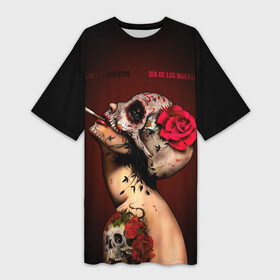Платье-футболка 3D с принтом Ведьма с красной розой в Белгороде,  |  | Тематика изображения на принте: body art | cigarette | day of the dead | halloween | happy halloween | holiday | nude witch | profile | red rose | skull | tattoo | боди арт | день мертвых | красная роза | обнаженная ведьма | праздник | профиль | тату | хэллоуин