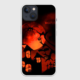 Чехол для iPhone 13 с принтом Красная луна на Хэллоуин в Белгороде,  |  | bats | evil spirits | graveyard with crosses | halloween | happy halloween | holiday | night | pumpkins | red moon | spider | кладбище с крестами | красная луна | летучие мыши | нечисть | ночь | паук | праздник | тыквы | хэллоуин