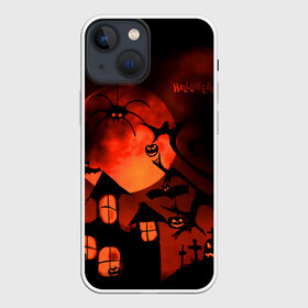 Чехол для iPhone 13 mini с принтом Красная луна на Хэллоуин в Белгороде,  |  | bats | evil spirits | graveyard with crosses | halloween | happy halloween | holiday | night | pumpkins | red moon | spider | кладбище с крестами | красная луна | летучие мыши | нечисть | ночь | паук | праздник | тыквы | хэллоуин