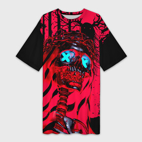 Платье-футболка 3D с принтом Красный скелет в диком лесу в Белгороде,  |  | halloween | happy halloween | holiday | monster | neon crosses | night | red skeleton | skull | wild forest | дикий лес | красный скелет | неоновые кресты | ночь | праздник | хэллоуин | череп | чудовище