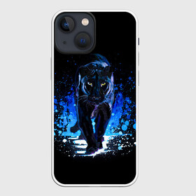 Чехол для iPhone 13 mini с принтом Черная пантера пятна краски в Белгороде,  |  | black panther | panthera | большая кошка | красивая кошка | пантера | пятна краски | синяя краска | хищный зверь | черная пантера