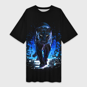Платье-футболка 3D с принтом Черная пантера пятна краски в Белгороде,  |  | black panther | panthera | большая кошка | красивая кошка | пантера | пятна краски | синяя краска | хищный зверь | черная пантера