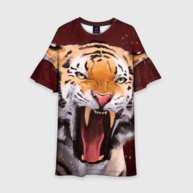 Детское платье 3D с принтом Тигр красавчик сердится в Белгороде, 100% полиэстер | прямой силуэт, чуть расширенный к низу. Круглая горловина, на рукавах — воланы | Тематика изображения на принте: 2022 | aggressive | angry | fangs | new year | open mouth | predator | tiger | year of the tiger | агрессивный | год тигра | клыки | новый год | открытая пасть | сердитый | тигр | хищник