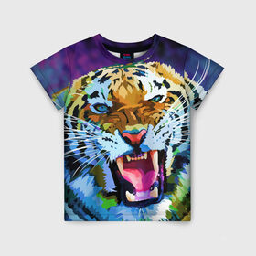 Детская футболка 3D с принтом Рычащий Шархан в Белгороде, 100% гипоаллергенный полиэфир | прямой крой, круглый вырез горловины, длина до линии бедер, чуть спущенное плечо, ткань немного тянется | 2022 | evil face | growling | new year | pop art | predator | tiger | year of the tiger | год тигра | новый год | поп арт | рычащий | тигр | хищник